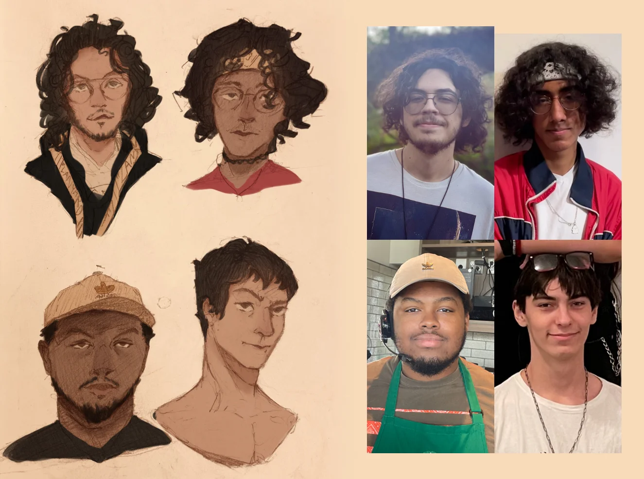 A collage of six young dudes with different looks, from curly-haired to straight-haired. They sport various threads like hoodies, caps, and aprons, showing off their skin tones from light to dark. The backdrop is a plain, light beige color.